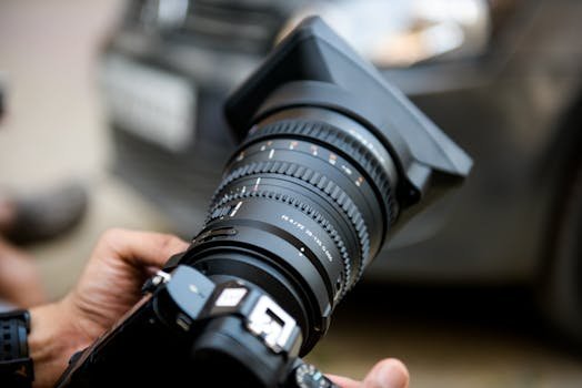 Close-up of a professional camera lens, captured with precision. Ideal for photography enthusiasts.